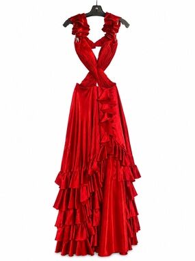 Sherri Hill 56057 Red Ruffled Cross-Back Maxi Gown